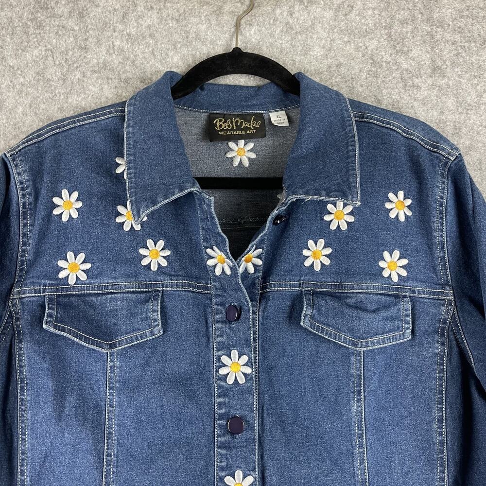 Bob Mackie Wearable Art Jacket Womens XL Denim Embroidered Flower Daisy Stretch - Picture 2 of 15